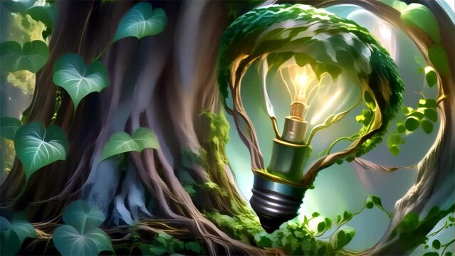A conceptual image featuring a light bulb with a vibrant green forest ecosystem inside, symbolizing eco-friendly energy and the harmony of nature and technology.