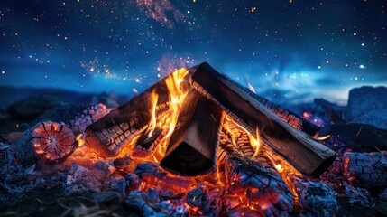 A close-up of a crackling campfire surrounded by logs and glowing embers, with stars shining in the night sky. 