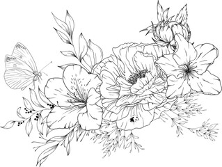 Hand drawn peony flowers alongside two lily and a butterfly with leaves and branches.