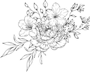 Hand drawn Peony and wildflower arrangements with leaves and branches.