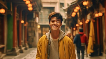 happy young asian man exploring the old city by walking AI-generated
