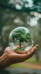 Tree inside a crystal ball in hand