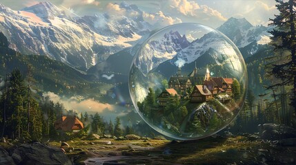 Fantasy Village in a Bubble A Whimsical Artwork of a Town in a Glass Bubble Generative AI - obrazy, fototapety, plakaty