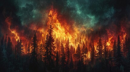 Forest fire at night with vibrant flames - obrazy, fototapety, plakaty