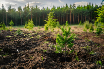 Fototapeta na wymiar Planting new trees in an open area, coniferous saplings in fresh new soil in a forest.