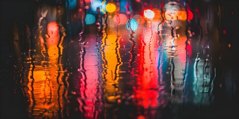 Blurry bokeh wet city street surface abstract background with colorful spot lights