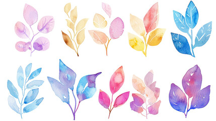 Fototapeta na wymiar Watercolor floral illustration set - lilac, blue, yellow leaf branches collection, for wedding stationary, greetings, wallpapers, fashion, background. Different leaves types