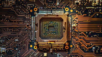 Close-up macro shot, clear simple visual, hypermodern AI computer processor chip on circuit board. Isolated, top-down view. No shadow