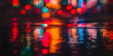 Blurry bokeh wet city street surface abstract background with colorful spot lights