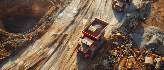 Aerial drone shot, open pit mine with dump trucks on sunny day, bright, sunny, natural light - obrazy, fototapety, plakaty