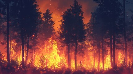 Forest fire at night with vibrant flames