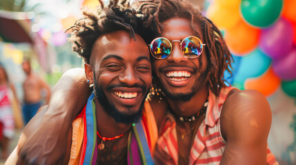 Joyful individuals at a pride parade, proudly holding up a vibrant rainbow flag with the word Pride', symbolizing LGBTQ+ community celebration and rights - obrazy, fototapety, plakaty