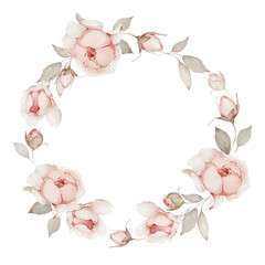 Delicate wreath of watercolor roses on a white background