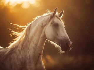 Ethereal horse, translucent mane flowing, closeup, soft focus, twilight glow , super detailed - obrazy, fototapety, plakaty