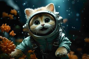 A mint-colored background featuring an adorable kitty in a space-themed outfit, floating among tiny...