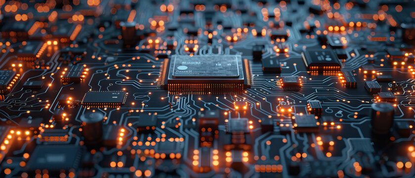 Close-up macro shot, clear simple visual, hypermodern AI computer processor chip on circuit board. Isolated, top-down view. No shadow