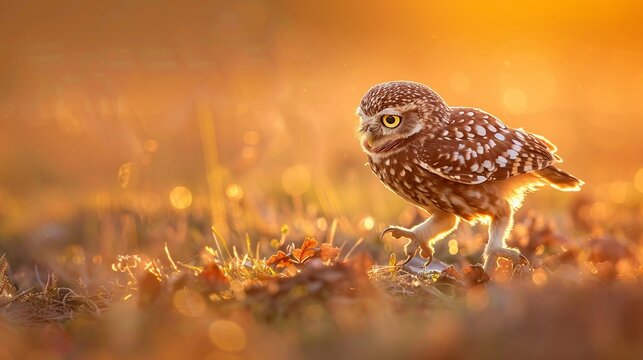 Playful owl dancing, side angle, early morning mist, warm sunrise colors , photographic style