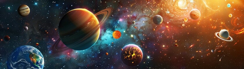 Holographic solar system in classroom, planets orbiting, kids watching, bright colors, panoramic shot , - obrazy, fototapety, plakaty