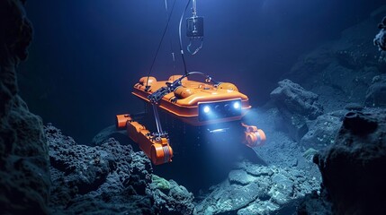 Underwater drone discovering deepsea volcanic vent, redorange glow, black background, closeup , robot