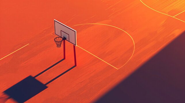 Basketball hoop shadow on ground, sunset, minimalistic top view, long shadows, orange hues , isometric 3D render