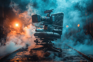 Shot of a director's chair with a camera on it, surrounded by smoke and fog, with a movie set in the background creative with ai.