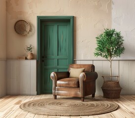 A Cozy Green Doorway Leads to a Comfortable Leather Chair with a Pillow and a Plant Generative AI