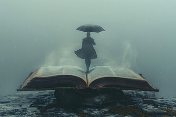 Person holding an umbrella stands on top of an open book, surrounded by fog and mist. The figure is composed of black lines with no details, creating a surreal atmosphere. In front of it lies another 