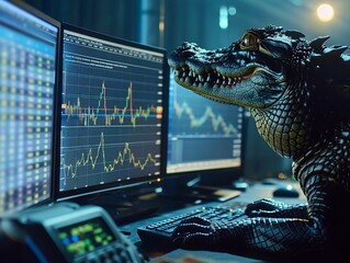 Crocodile navigating stock market graphs, dual monitors, backlit, medium shot, intense, focused environment , teleport - obrazy, fototapety, plakaty