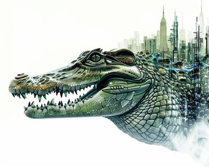 Digital art of a cybernetic crocodile representing innovation and entrepreneurship, futuristic cityscape in the background , isolated background - obrazy, fototapety, plakaty