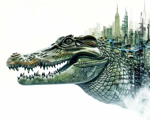 Poster Im Rahmen Digital art of a cybernetic crocodile representing innovation and entrepreneurship, futuristic cityscape in the background , isolated background © sorrakrit