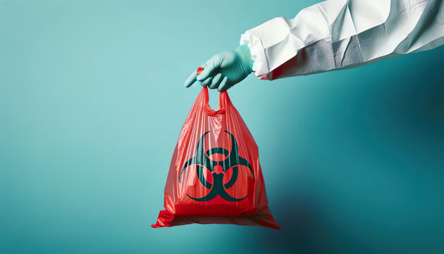 A red biohazard refuse bag is used to safely contain and dispose of hazardous biomedical waste in clinical and healthcare settings