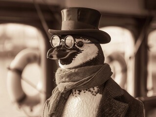 Penguin with monocle at yacht club, oldfashioned elegance, sepia tone, portrait view , high resolution