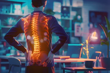 Fotobehang Back pain visualized in augmented reality, old man suffering from crippling back pain, chronic pain visualized as red lines shooting out of the spine. © john