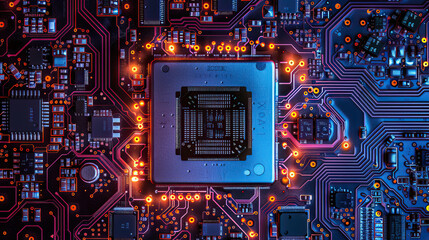 Close-up macro shot, clear simple visual, hypermodern AI computer processor chip on circuit board. Isolated, top-down view. No shadow