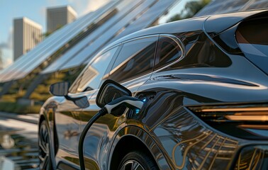 Obraz premium modern car being charged, electric vehicle, EV car with opened lid