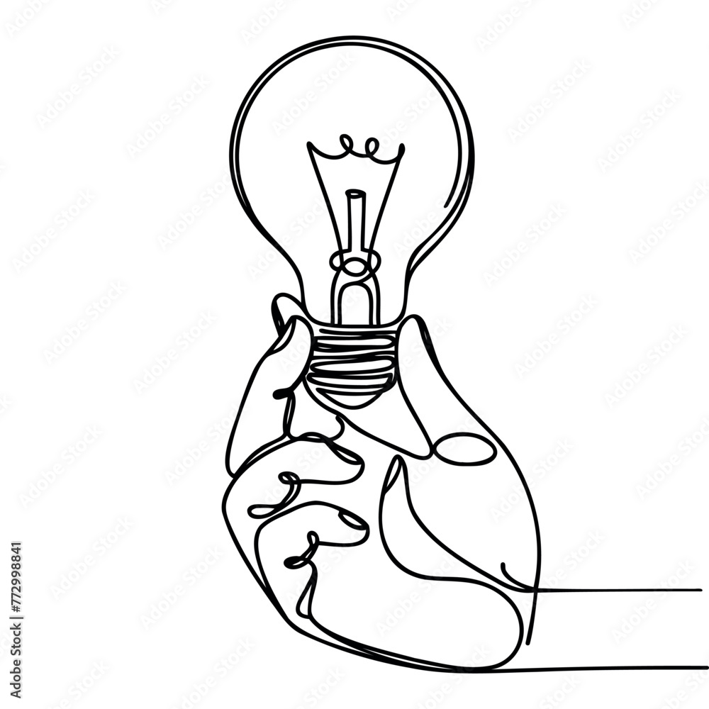 Poster one continuous line draws a light bulb in a hand.
