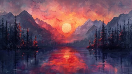 Sunset reflection in a mountain lake - obrazy, fototapety, plakaty