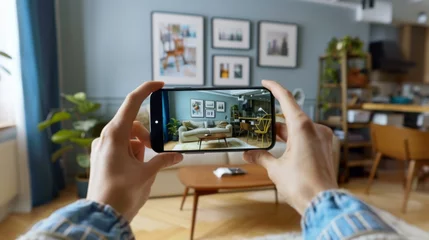 Deurstickers Person Capturing Living Room With Camera © Prostock-studio