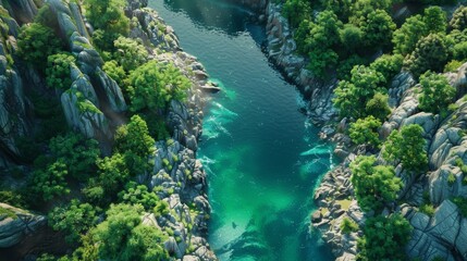Obraz premium Serene River Gorge Surrounded by Lush Greenery, symbolizing tranquility and natural beauty