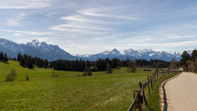 idyllischer Blick &uuml;ber eine Wiese in den bayerischen Alpen im Ostallg&auml;u. Im Hintergrund erstrecken sich die schneebedeckten Berge S&auml;uling und Tegelberg
