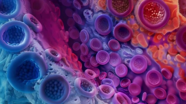 A colorful image of platelets tiny discshaped cells forming a beautiful landscape with layers of varying shades of red blue and purple. . AI generation.