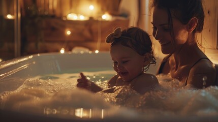 mother bathing with her infant child in a bathtub, parenting magazines, family-oriented advertisements, and childcare blogs