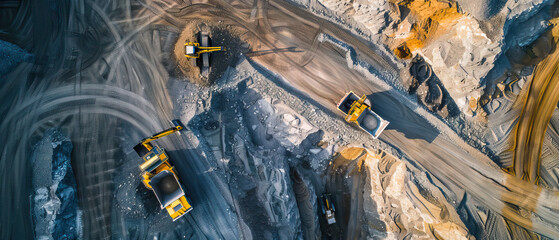 Aerial drone shot, construction site with excavators on sunny day, bright, sunny, natural light