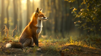Red fox sitting in the forest at sunrise