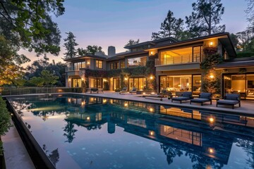 Obraz premium Twilight Reflections: A Luxurious Estate with Illuminated Modern Design