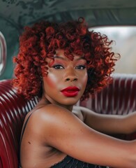 Stylish woman with red hair driving vintage car. This compelling image shows a stylish woman with fiery red curly hair gripping the steering wheel of a classic car - obrazy, fototapety, plakaty