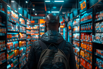A man from behind walking and viewing rows of products on shelves in a supermarket.