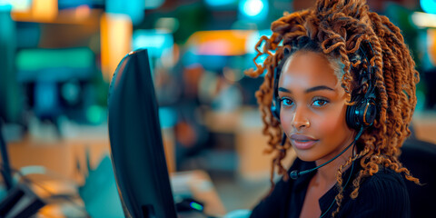 Young woman with headphones working in a vibrant office setting.