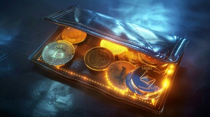 Glowing Cryptocurrency Coins in Wallet, Conceptual Finance