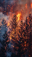 Forest fire at dusk with silhouetted pine trees